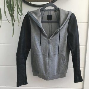 FRANCIS LEON Black Leather Sleeve Hoodie Jacket